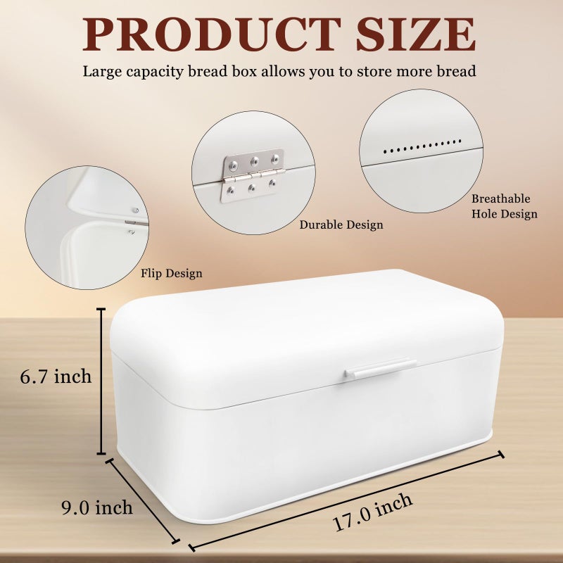 ENLOY Extra Large White Bread Box for Countertop, Stainless Steel Bread Storage Bin, Vintage Bread Box, Large Capacity Bread Keeper Holds Large Loaves - Image 2